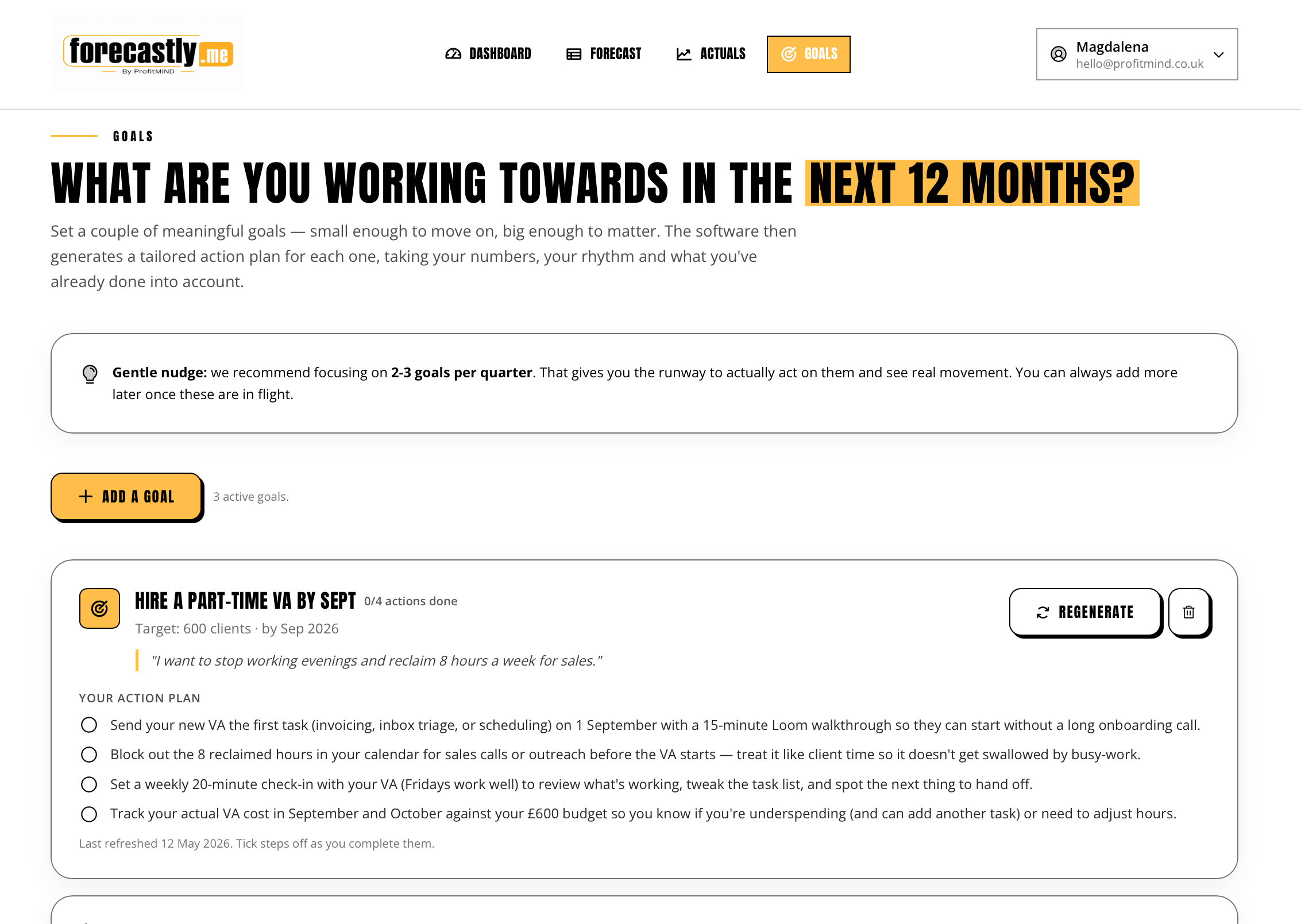 forecastly.me Goals — AI-generated action plans